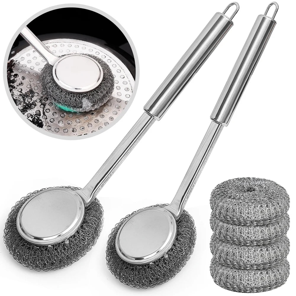 Strong Decontamination Cleaning Brush Long Handle Pot Brush Kitchen Pan Pot Dishes Cleaning Brush Steel Wire Metal Wool Scourer