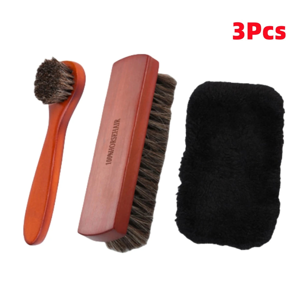 Horsehair Shoe Brush and Multifunctional Portable Plush Shoe Cloth Kit Wooden Handle Leather Car Shoe Cleaning Polishing 1 set