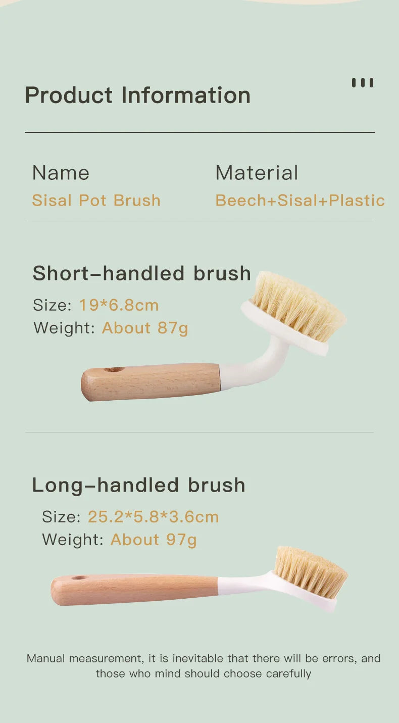 Natural Sisal Soft-Bristled Pot Brush, Household Kitchen Dishwashing Brush, Log Brush, Multi-Functional Beech Cleaning Brush