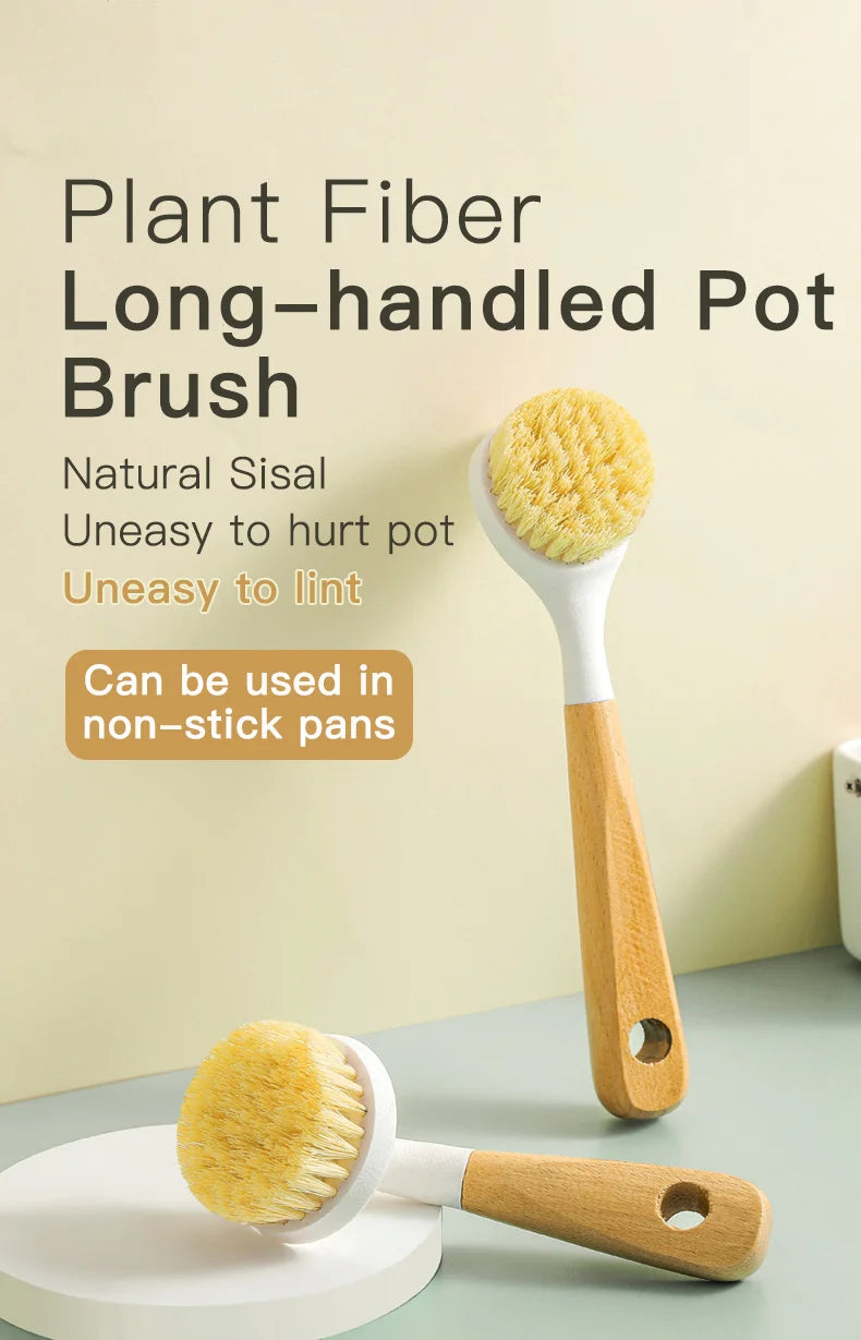 Natural Sisal Soft-Bristled Pot Brush, Household Kitchen Dishwashing Brush, Log Brush, Multi-Functional Beech Cleaning Brush