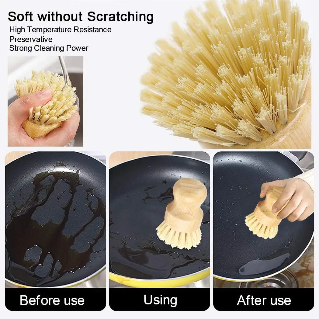 2pcs Bamboo Dish Scrub Brush Natural Scrub Cleaning Brush Vegetable Brush for Dishes Cast Iron Pots Pans Bathroom Kitchen Sink