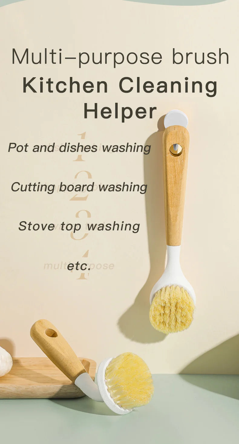 Natural Sisal Soft-Bristled Pot Brush, Household Kitchen Dishwashing Brush, Log Brush, Multi-Functional Beech Cleaning Brush