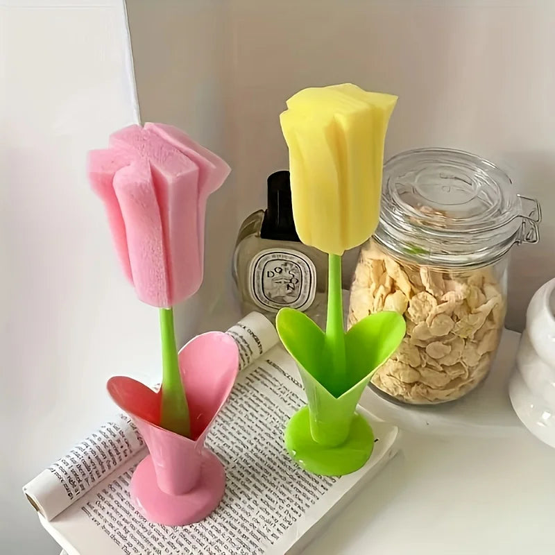 Tulip Style Reusable Cup Brush with Long Handle, Sponge Brush with Removable Sponge Head for Easy Cleaning Glasses,Water Cups