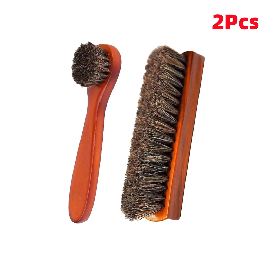 Horsehair Shoe Brush and Multifunctional Portable Plush Shoe Cloth Kit Wooden Handle Leather Car Shoe Cleaning Polishing 1 set